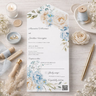 Elegant Soft Blue Floral Wedding All In One Invitation