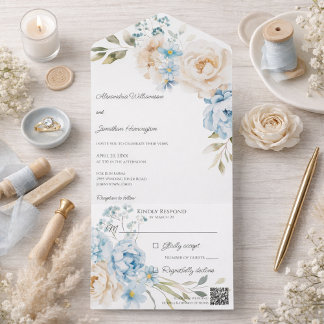 Elegant Soft Blue Floral Wedding All In One Invitation
