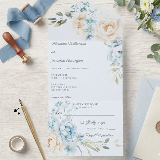 Elegant Soft Blue on Blue Floral Wedding All In One Invitation (Creator Uploaded)