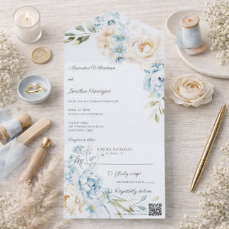 Elegant Soft Blue on Blue Floral Wedding All In One Invitation