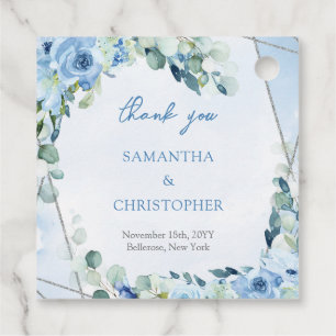 Elegant soft blue watercolor floral silver wedding favour tags