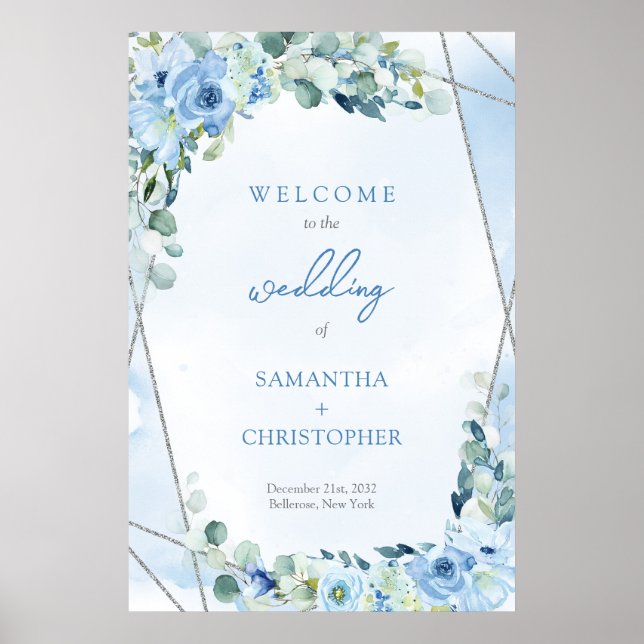 Elegant soft blue watercolor floral silver Welcome Poster (Front)