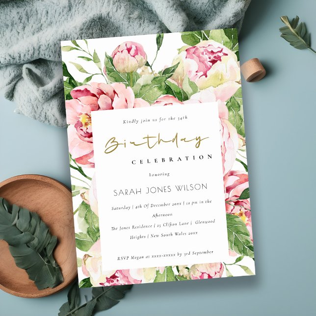 Elegant Soft Blush Floral Peony Any Age Birthday Invitation (Creator Uploaded)