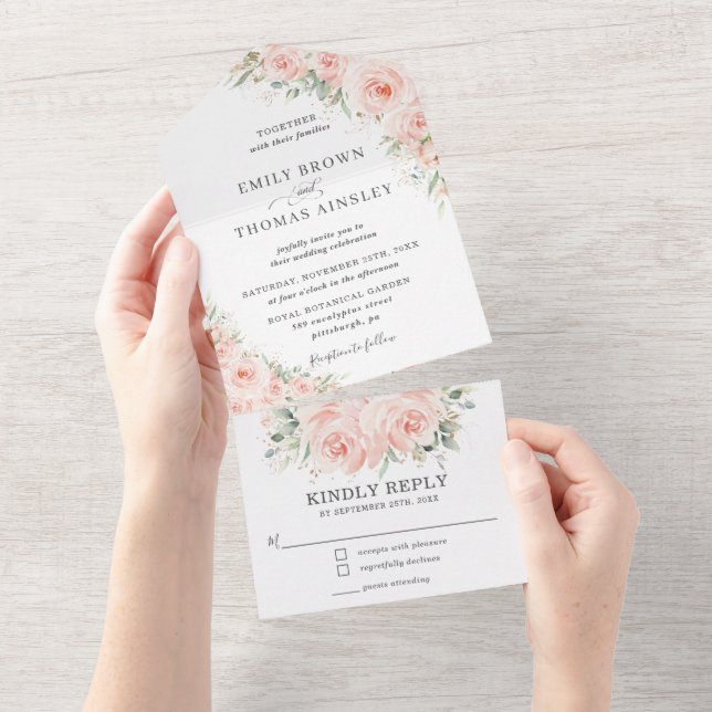 Elegant Soft Blush Floral Roses Greenery Wedding All In One Invitation (Tearaway)