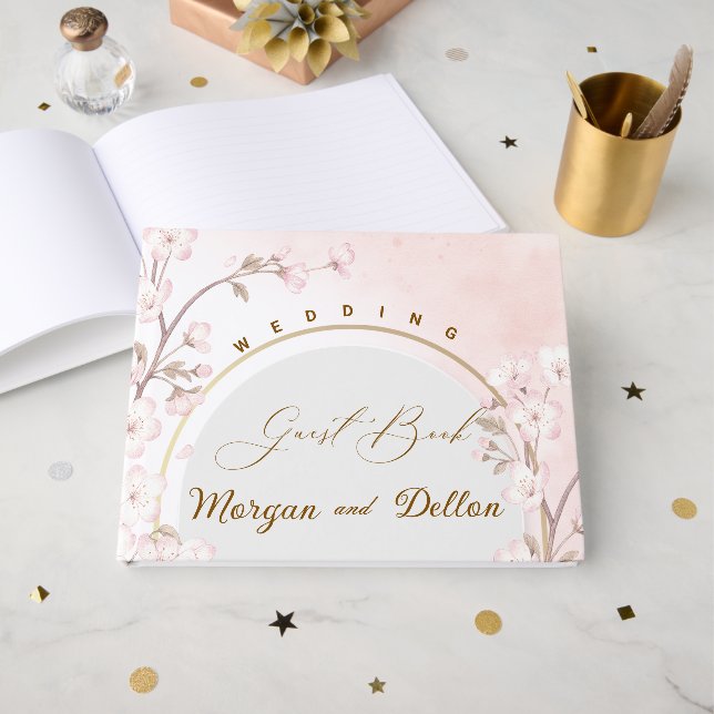 Elegant Soft Blush Pink Cherry Blossom Wedding Guest Book (Front Open)