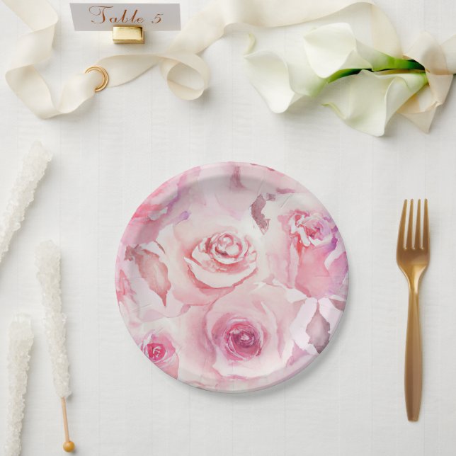 Elegant Soft Blush Pink Rose Floral Paper Plate (Wedding)