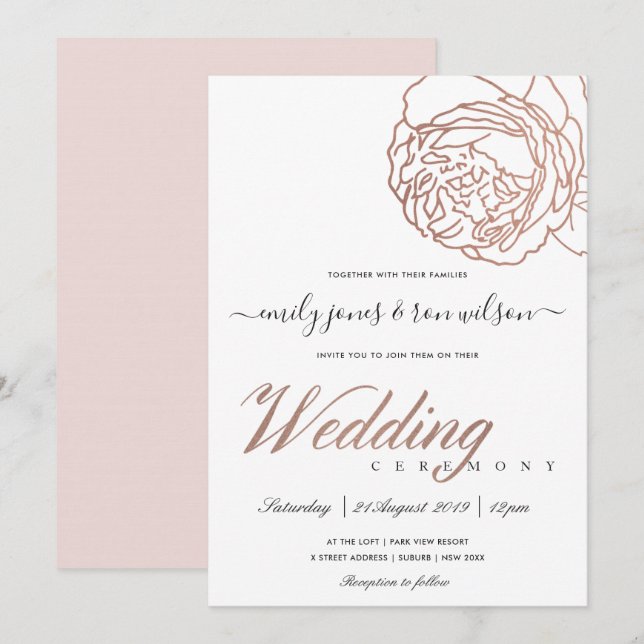 ELEGANT SOFT BLUSH PINK ROSE GOLD FLORAL WEDDING INVITATION (Front/Back)