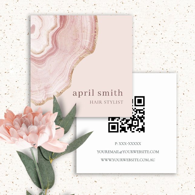 Elegant Soft Blush Rose Gold Agate Marble QR Code Square Business Card (Creator Uploaded)