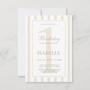 Elegant Soft Champagne Stripe 1st Birthday Invitation
