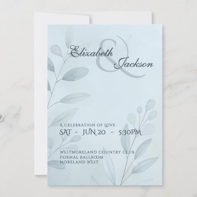 Elegant Soft Cool Blue Botanical Script Wedding  Invitation (Front)