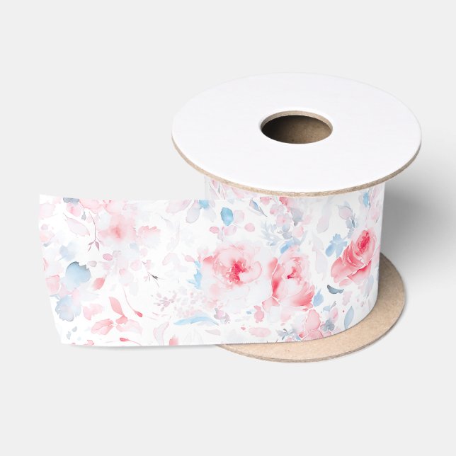 Elegant Soft Flowers Romantic Dusty Blue Pink Satin Ribbon (Spool)