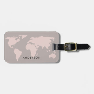 ELEGANT SOFT GREY BLUSH PINK ROSE GOLD WORLD MAP LUGGAGE TAG