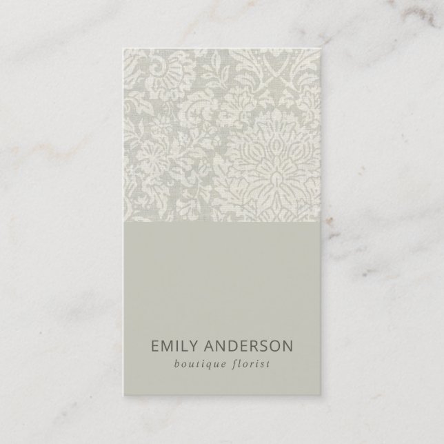 ELEGANT SOFT GREY WHITE DAMASK FLORAL PATTERN BUSINESS CARD (Front)