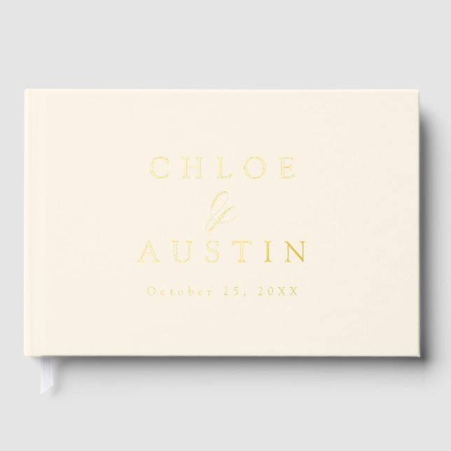 Elegant Soft Ivory and Gold Calligraphy Wedding Guest Book (Front)