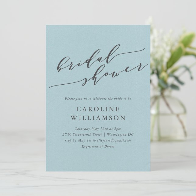 Elegant Soft Light Blue Script Bridal Shower Invitation (Standing Front)