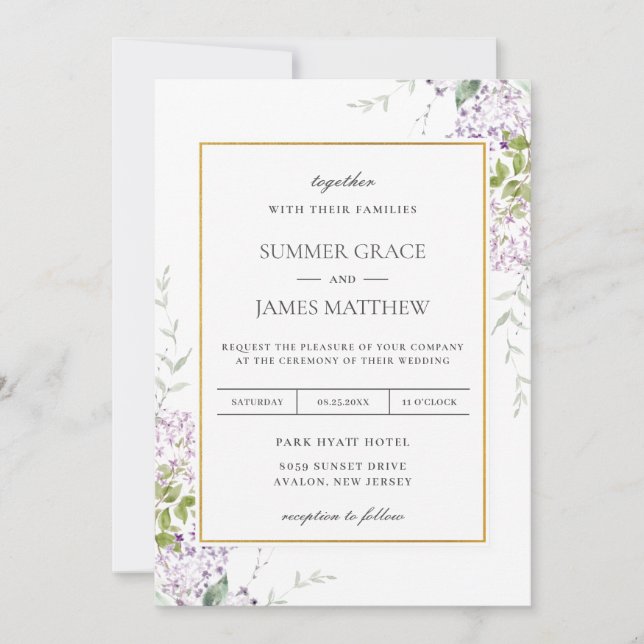 Elegant Soft Lilac Purple Floral Greenery Wedding Invitation (Front)