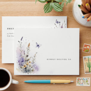 Elegant Soft Lilac Wildflower Butterfly Wedding Envelope
