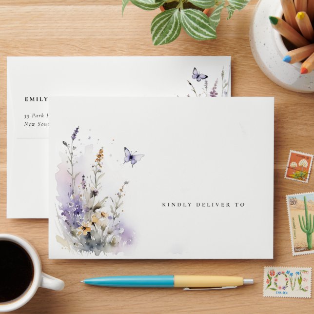 Elegant Soft Lilac Wildflower Butterfly Wedding Envelope (Desk)
