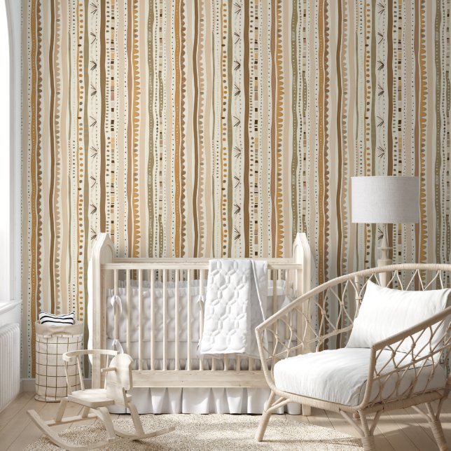Elegant Soft Neutral Brown Beige Boho Line Pattern Wallpaper (Kids)