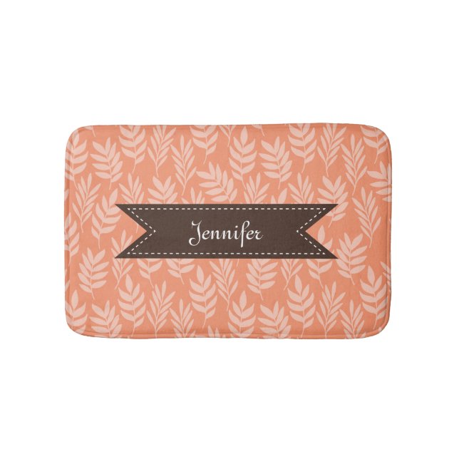 Elegant Soft Orange Leaves Chic Pattern With Name Bath Mat (Front)