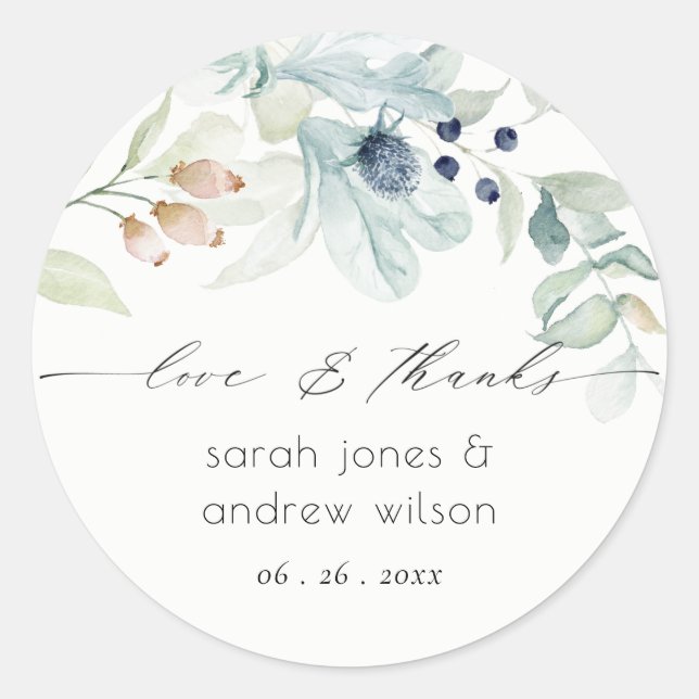 Elegant Soft Pastel Blue Green Foliage Wedding Classic Round Sticker (Front)