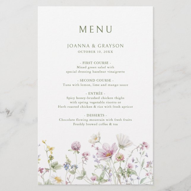 Elégant Soft Pastel Fleur sauvage menu botanique (Devant)