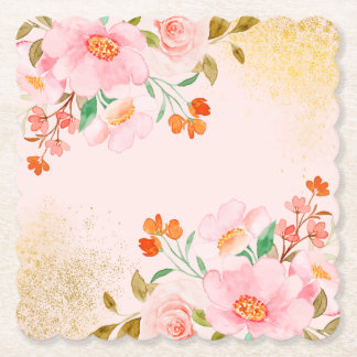 Elegant Soft Pastel Flowers with Gold Texture Paper Coaster