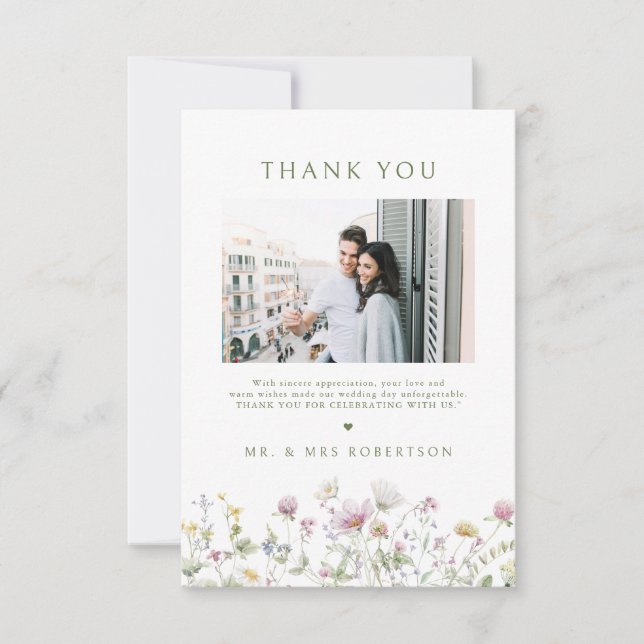Elegant Soft Pastel Wildflower Botanical Wedding Thank You Card (Front)