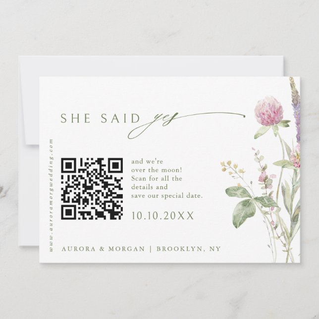 Elegant Soft Pastel Wildflower  Photo QR code    Save The Date (Front)