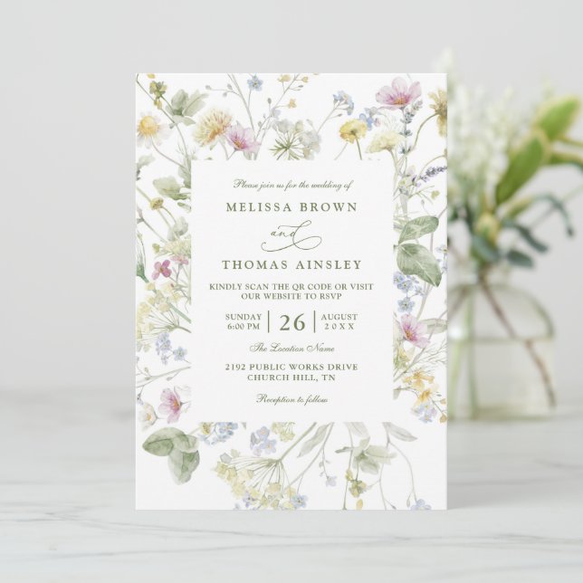 Elegant Soft Pastel Wildflower QR Code Wedding Invitation (Standing Front)