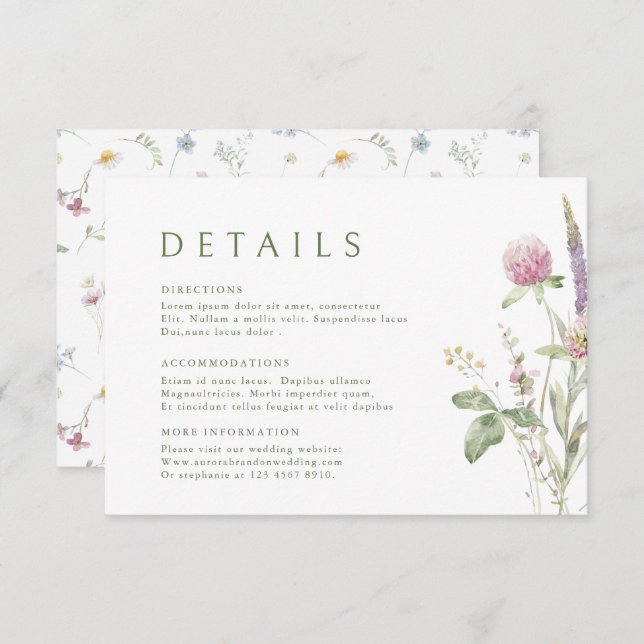 Elegant Soft Pastel Wildflower Wedding Details Enclosure Card (Front/Back)