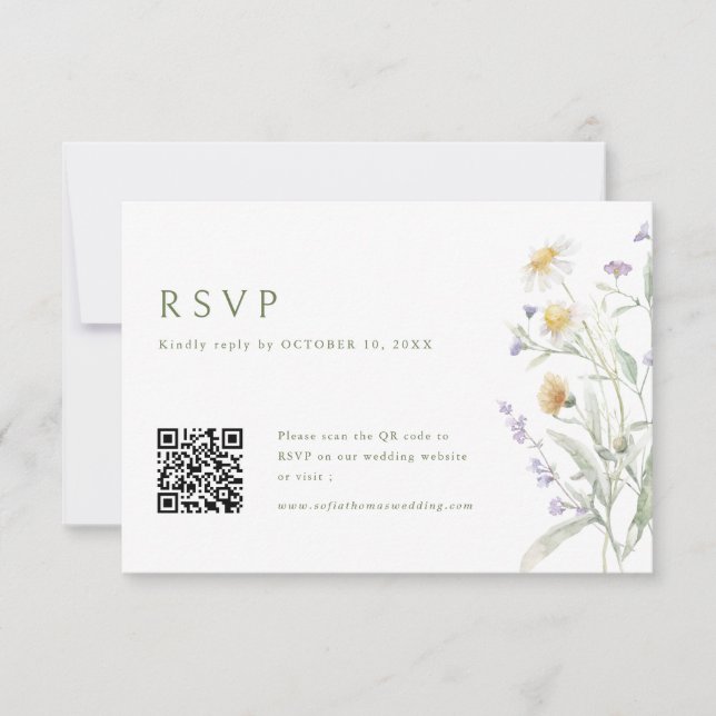 Elegant Soft Pastel Wildflower  Wedding QR Code RSVP Card (Front)