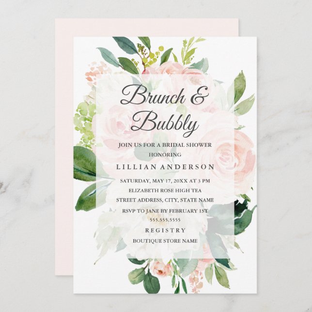 Elegant Soft Peach Bloom Brunch and Bubbly Invitation (Front/Back)