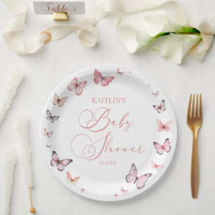 Elegant Soft Pink Butterfly Baby Shower  Paper Plate