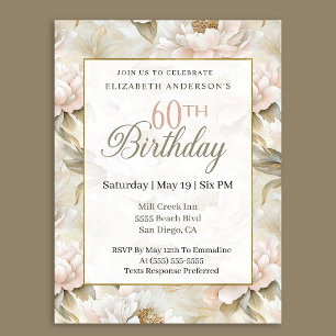 Elegant Soft Pink Ivory Peony 60th Birthday  Invitation