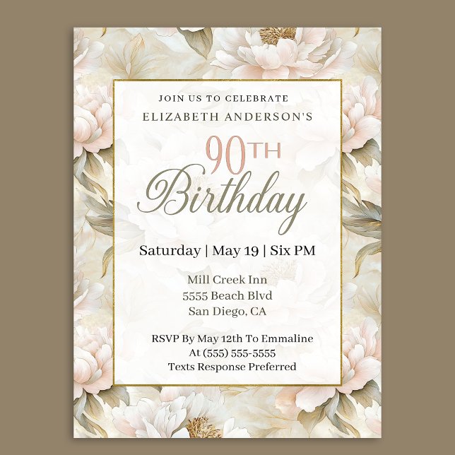 Elegant Soft Pink Ivory Peony 90th Birthday  Invitation (Creator Uploaded)