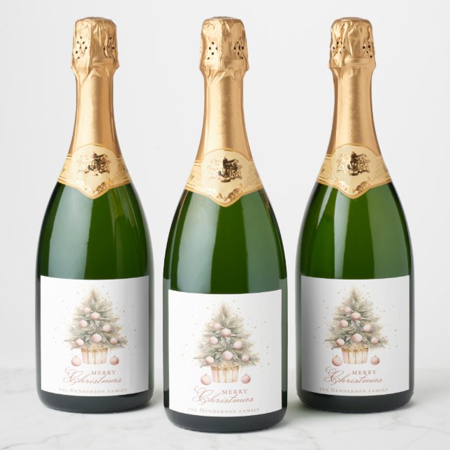 Elegant Soft Pink Merry Christmas Tree Custom Name Sparkling Wine Label (Bottles)