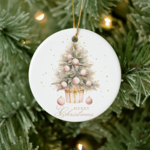 Elegant Soft Pink Merry Christmas Tree Photo Ceramic Ornament