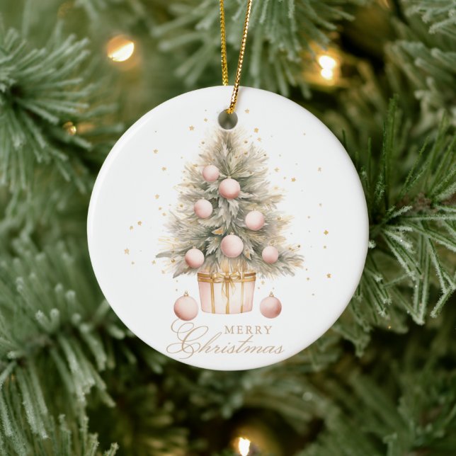 Elegant Soft Pink Merry Christmas Tree Photo Ceramic Ornament (Tree)