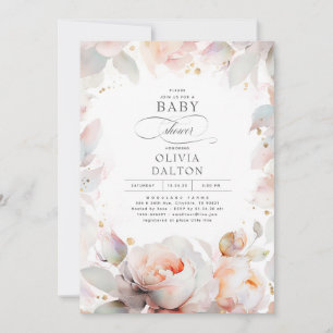 Elegant Soft Pink Peach Floral Boho Baby Shower Invitation