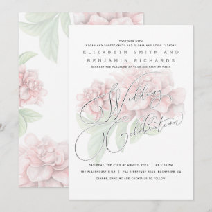 Elegant Soft Pink Peony Floral Typography Wedding Invitation