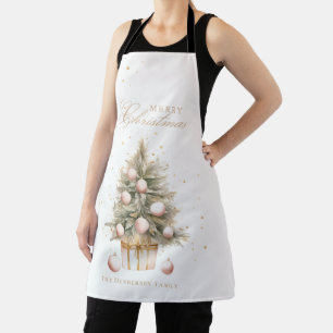 Elegant Soft Pink Watercolor Merry Christmas Tree Apron