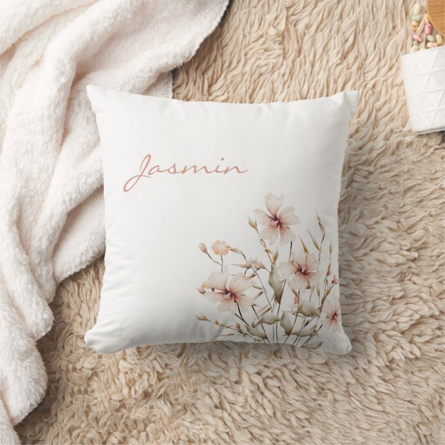 Elegant Soft Pink Wildflowers Name Throw Pillow (Blanket)