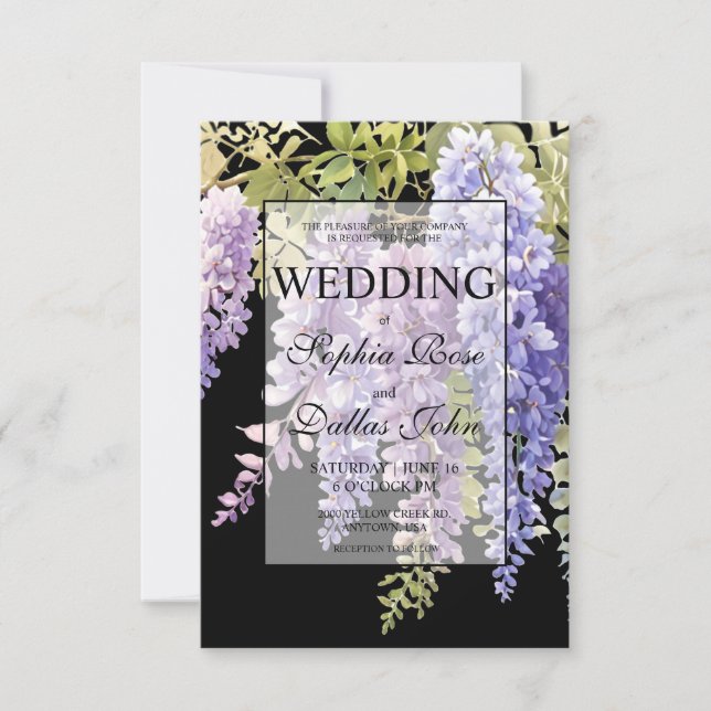 Elegant soft purple watercolor wisteria wedding invitation (Front)