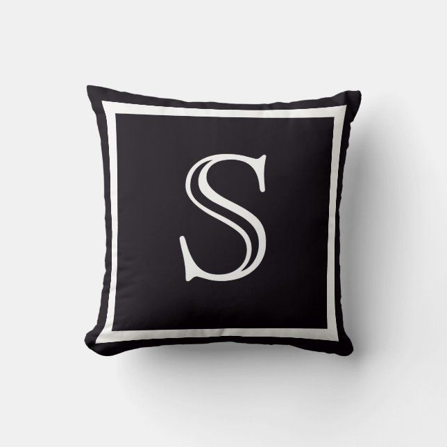 Elegant Solid Black and White Monogrammed Throw Pillow (Front)