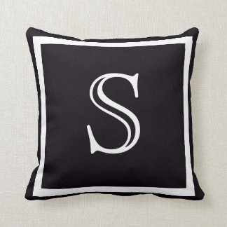 Elegant Solid Black and White Monogrammed Throw Pillow