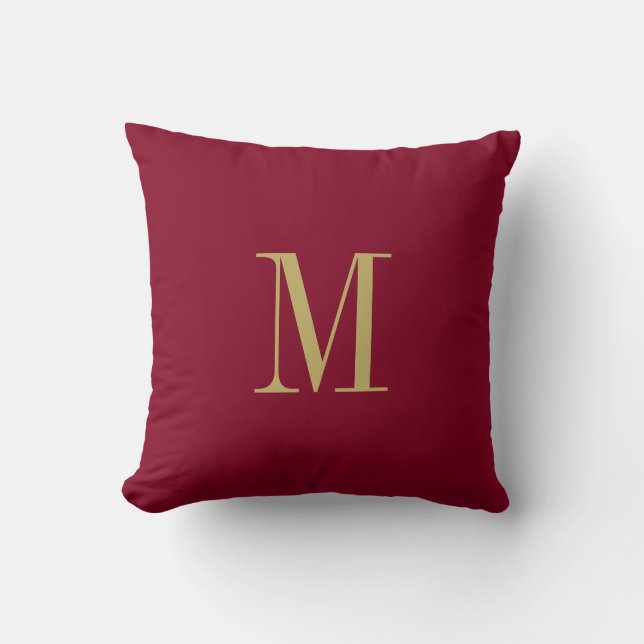 Elegant Solid Burgundy with Gold Monogram Throw Pillow (Front)