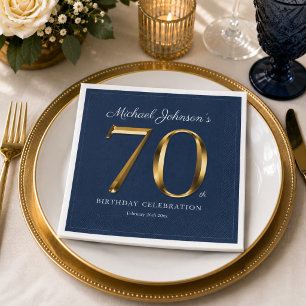 Elegant Solid Gold Text Navy Blue 70th Birthday  Napkin