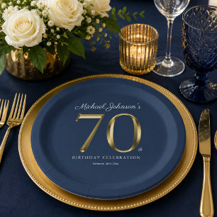 Elegant Solid Gold Text Navy Blue 70th Birthday Paper Plate