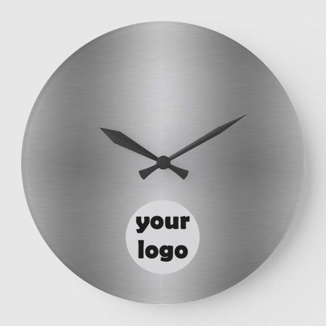 Elegant Solid Metallic Silver Grey Logo Large Clock (Front)